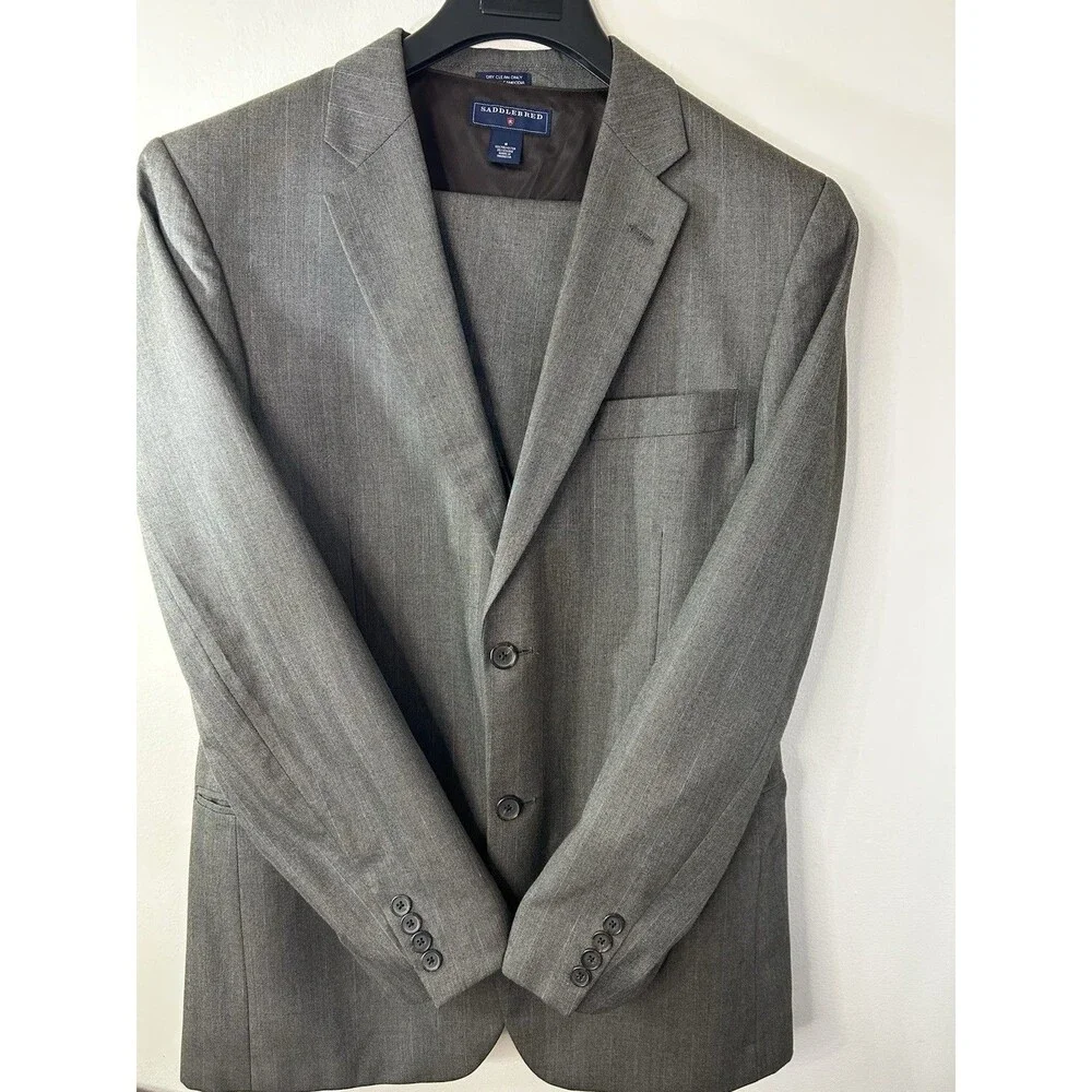 Saddlebred Brown Gray Herringbone 3-Piece Suit 42L Single-Breasted Pants 34x32